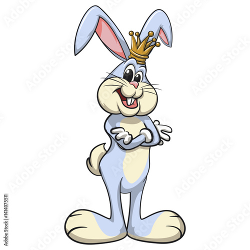 vector mascot isolated clip art illustration of cute bunny mascot smiling widely wearing a crown and folding his arms, work of handmade