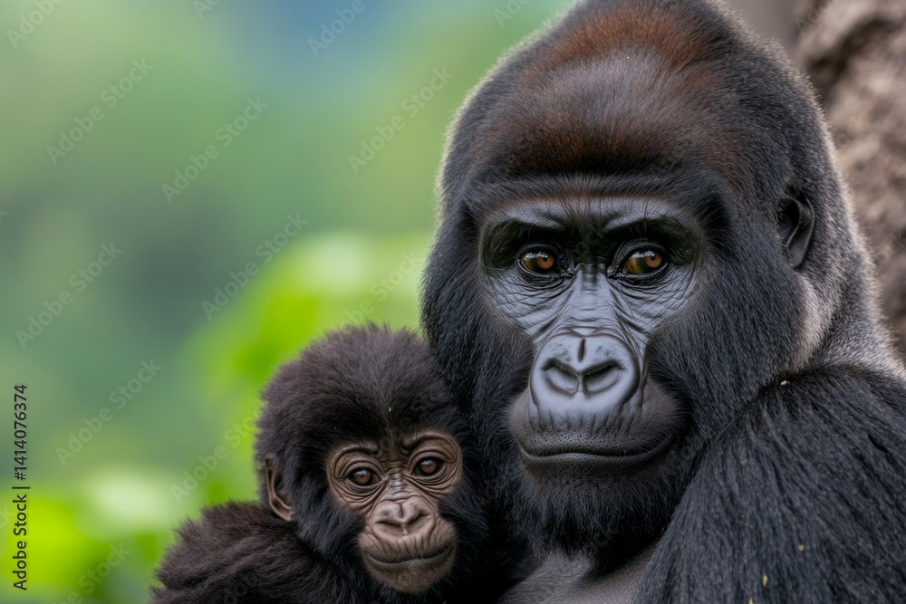 A family of mountain gorillas in the dense forests of Rwanda, with a mother gently holding her baby
