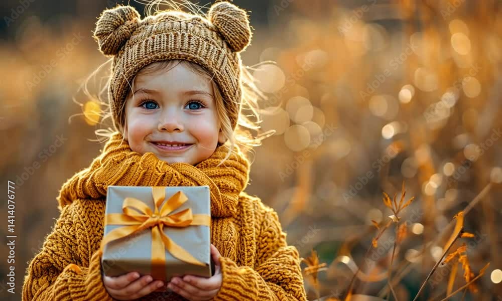 Smiling girl holding gift outdoors in autumn. Smiling girl holding gift outdoors in autumn.