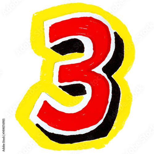 Colorful hand-painted number three on white background  