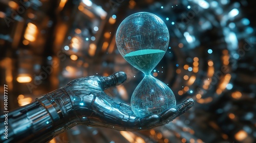 Metallic hands hold a digital hourglass, the sand glowing like electric particles, floating in a high-tech, glowing environment.
