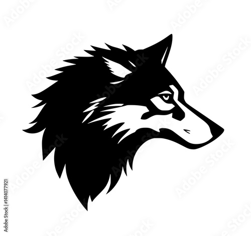 Wolf Head Silhouette: A bold monochrome illustration depicts a wolf's head in profile, showcasing its powerful features and textured fur.