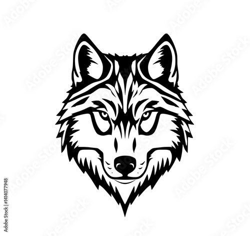 Wolf Head Illustration: A bold, monochrome line art illustration depicts a wolf's head, showcasing its intense gaze and sharp features.