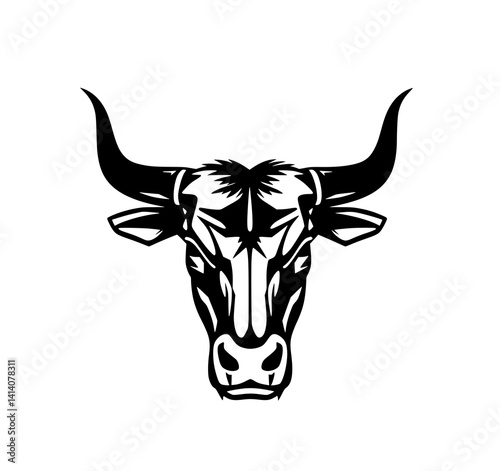 Bull Head Illustration: A bold, monochrome line art illustration shows a powerful bull's head, its horns and facial features rendered with stark detail.
