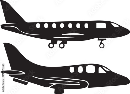 Two black silhouette airplane designs for travel concept