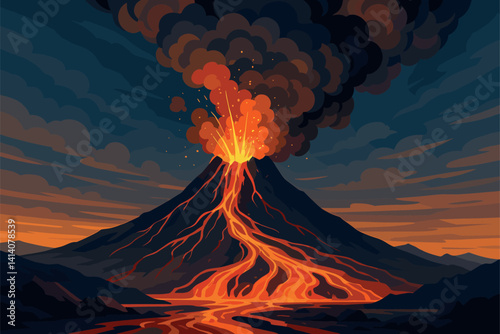 Volcano Erupts With Lava Flow and Thick Ash Clouds in the Air