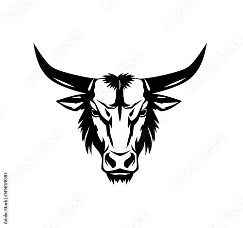 Bull's Head: A fierce monochrome illustration depicts a powerful bull's head, its horns and intense gaze rendered in bold, graphic style.