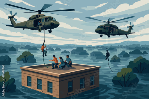 Helicopters Rescue Stranded People From Flooded Building Rooftop