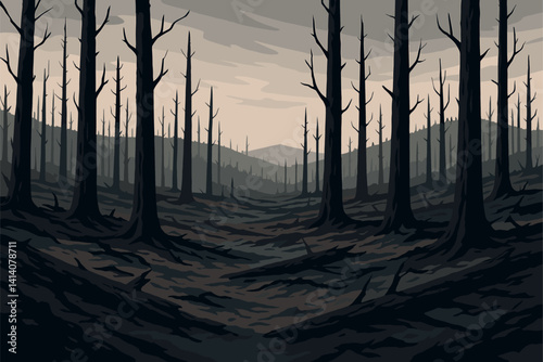 Scorched Forest Landscape Left Blackened by Intense Wildfire