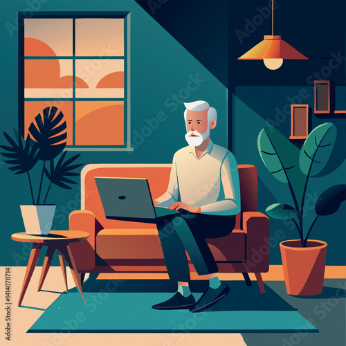 Elderly Man Embracing Technology on the Couch
