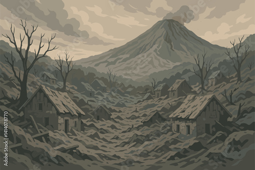 Abandoned Village Covered in Thick Volcanic Ash and Heavy Debris