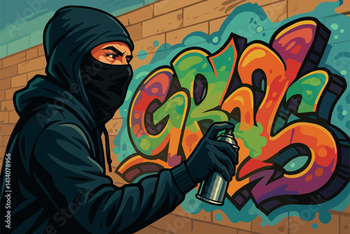 Masked Vandal Spray Paints Wall With Colorful Illegal Graffiti