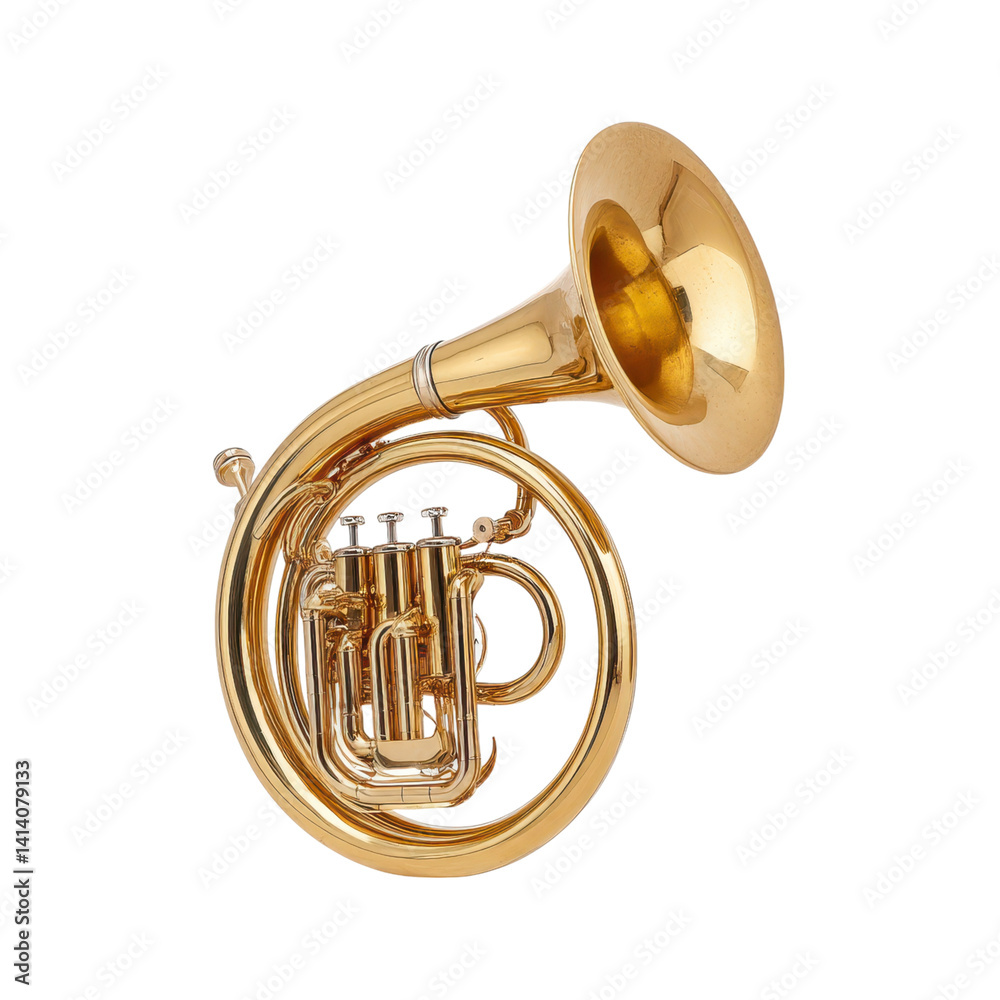 Obraz premium Golden tenor horn on black background. Musical instrument for orchestra, brass band, or solo performance.