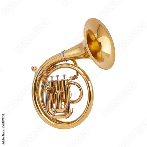 Golden tenor horn on black background. Musical instrument for orchestra, brass band, or solo performance.