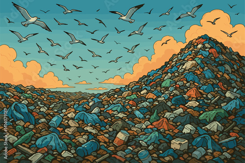 Birds Fly Over Overflowing Landfill Piled High With Garbage Waste