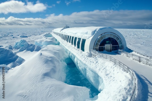 A high-tech Antarctic research facility powered by glowing energy cores, standing against an ice storm
