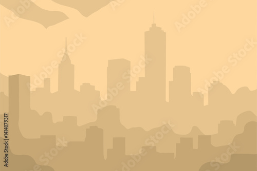 Smoggy Urban Skyline With Faint Outline of Tall Skyscrapers