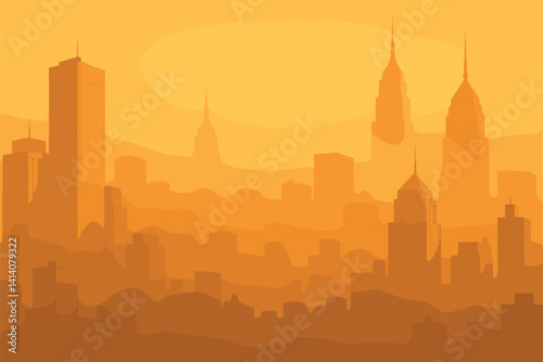 Smoggy Urban Skyline With Faint Outline of Tall Skyscrapers