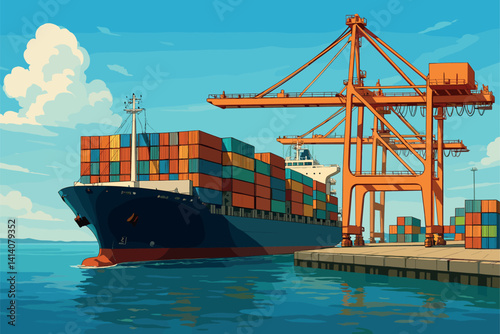 Container Ship Arrives at Port Carrying Global Trade Cargo