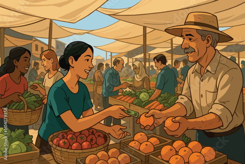 Crowded Marketplace With People Trading Goods and Exchanging Cash