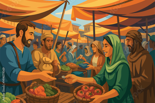 Crowded Marketplace With People Trading Goods and Exchanging Cash