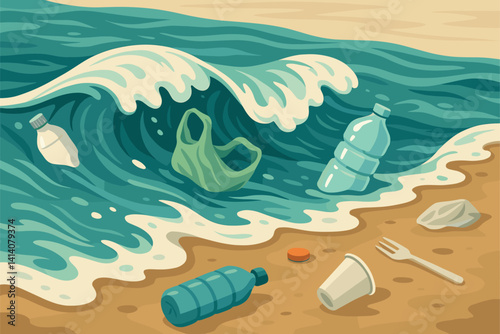 Ocean Wave Pushes Plastic Waste Onto Polluted Shoreline
