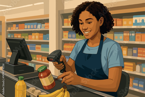 Retail Cashier Scans Products at Checkout Counter During Purchase