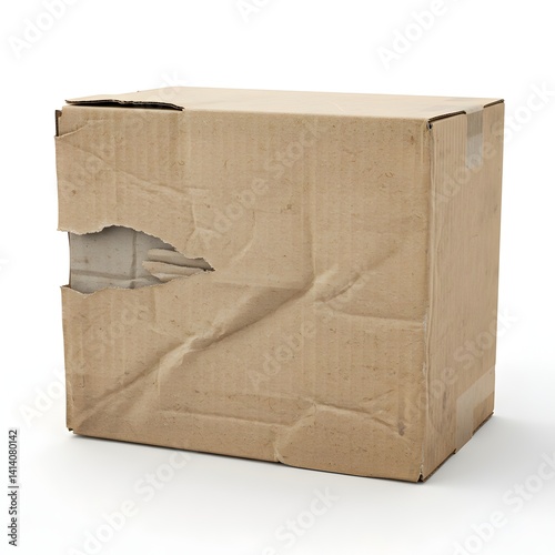 Damaged cardboard box on white background, representing package problem