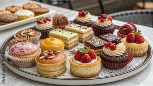 The image shows an assortment of colorful pastries and desserts served on a plate. The pastries include tarts with various toppings and fillings, such as strawberries, raspberries, and nuts, along wit