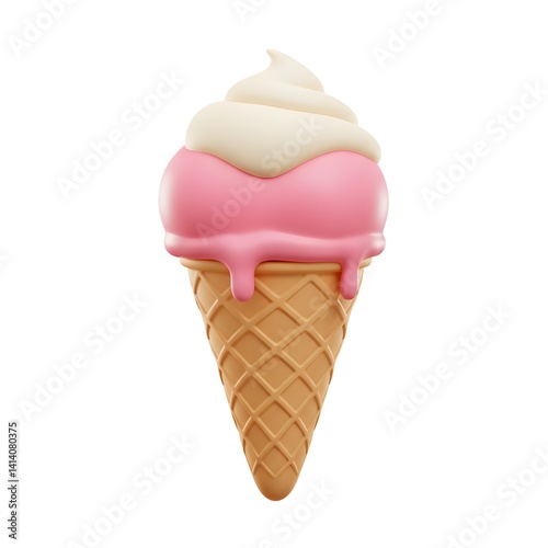 Delicious strawberry and vanilla ice cream cone with a sweet taste, 3D rendering