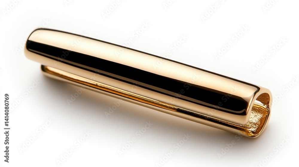Polished gold tie bar with minimalist engraving on an immaculately white background. Polished gold tie bar with minimalist engraving on an immaculately white background.