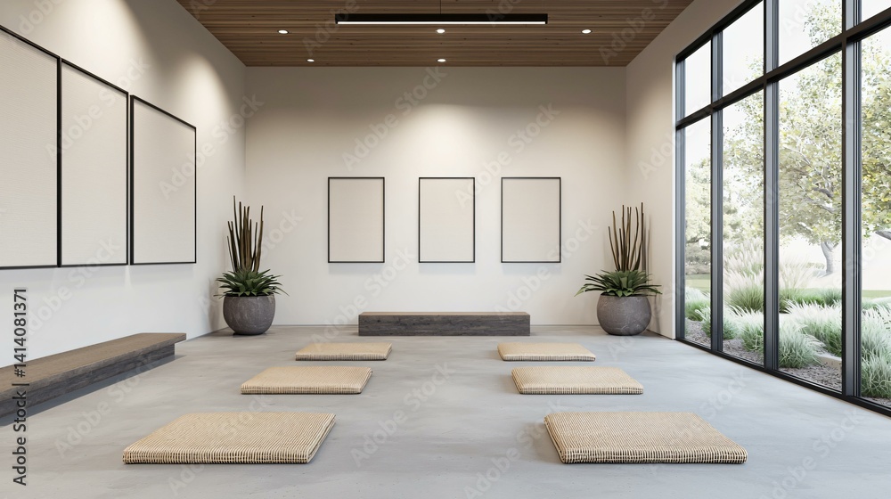 Quiet meditation room interior with natural straw mats, earthy tone walls, adjustable acoustic panels, and diffused ceiling light using solar tubes