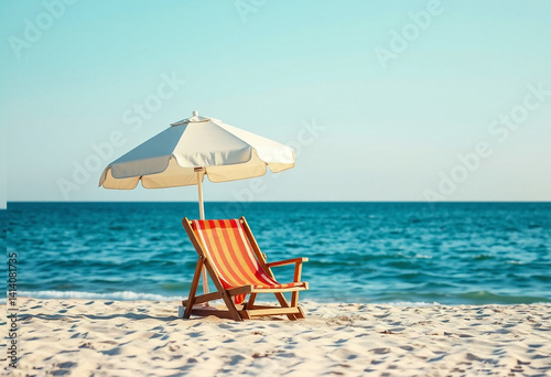 Colorful Deck Chair and Umbrella Facing Blue Ocean