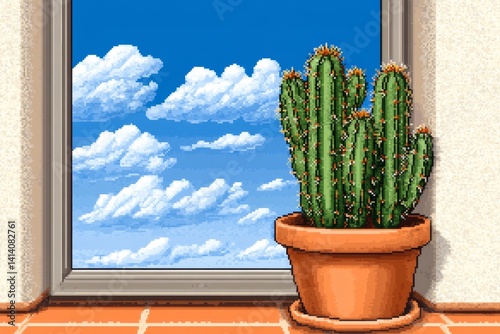 A pixel-art desert greenhouse, where tiny cacti grow in animated time-lapse