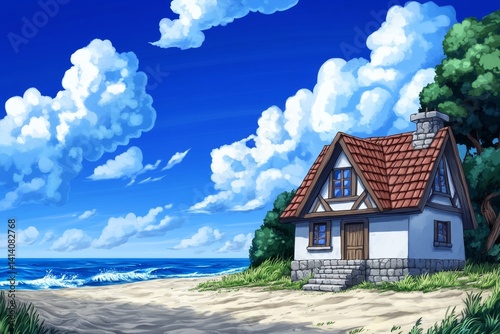 A pixel-art beachside duplex, where pixel waves crash onto the sandy shore