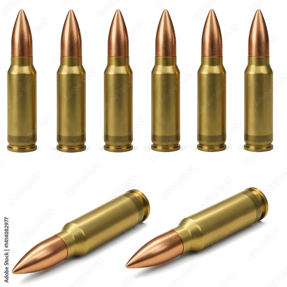 Detailed studio shot of assorted rifle ammunition arranged neatly in rows Detailed studio shot of assorted rifle ammunition arranged neatly in rows