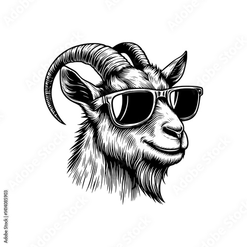 black and white goat vector drawing. illustration of goat wearing sunglasses
