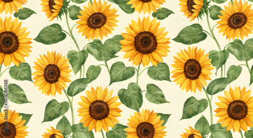 Bright Sunflowers Watercolor Seamless Pattern with Green Leaves