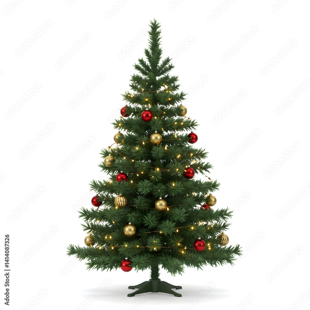 Festive christmas tree adorned with ornaments against white background