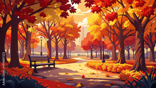 A park blanketed in golden and red autumn leaves, trees glowing in soft sunlight