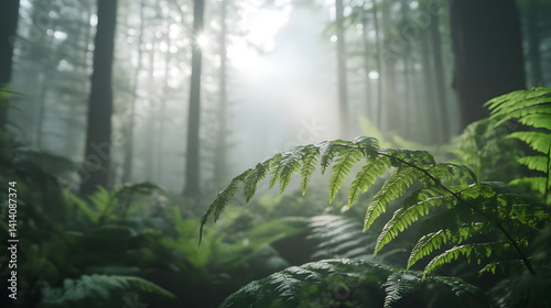 Misty forest sunlight green nature scene