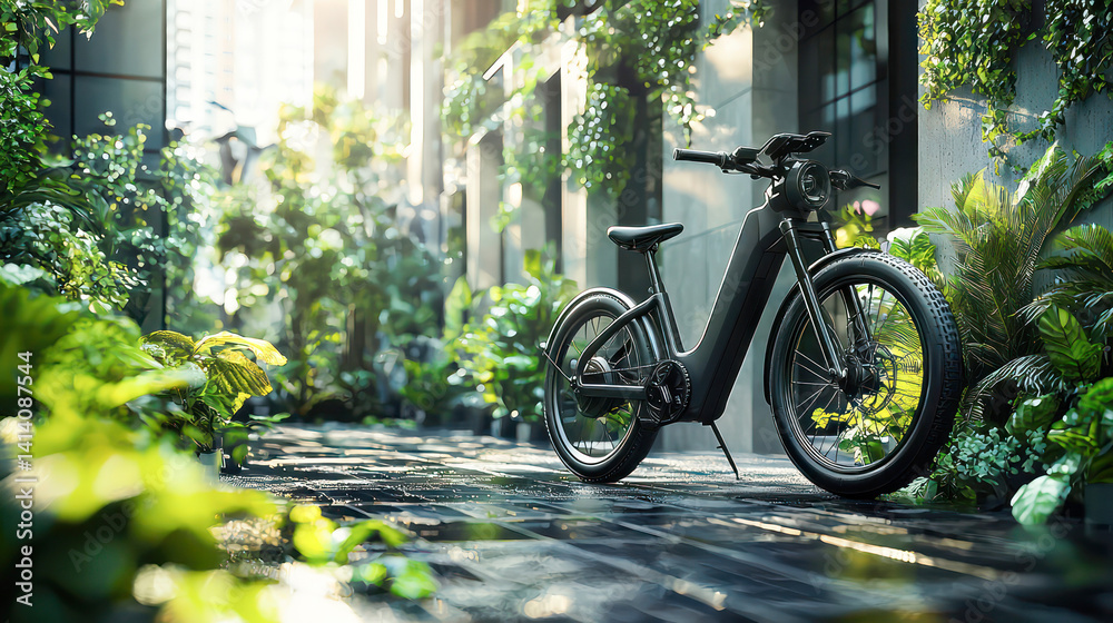 A black electric bicycle parked in front of a modern home with a lush green garden in the background. The sun is setting, casting a warm glow on the scene.