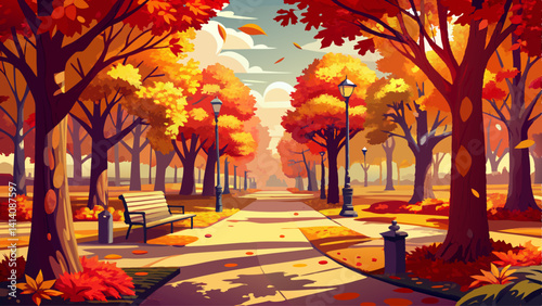 A park blanketed in golden and red autumn leaves, trees glowing in soft sunlight