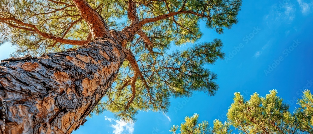 Photo from under shady large rain tree under blue sky with sunlight shines through pattern green leaves beautifully. Abstract Texture background.