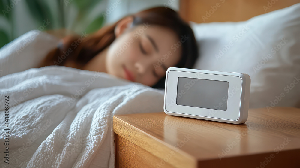 A woman is sleeping on a bed with a clock on a wooden table next to her. The clock is white and has a black face.