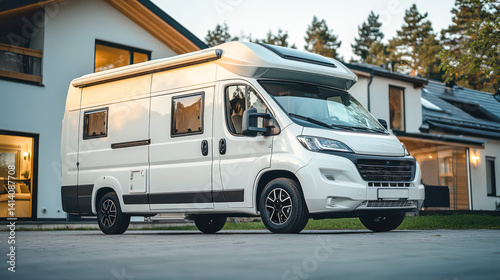 Obraz na płótnie Front view of a motor home parked in front of a house. w salonie