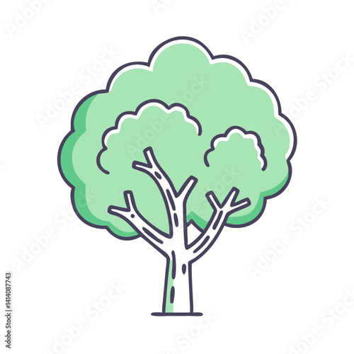 A charming illustration of a leafy green tree with a thick trunk and branches