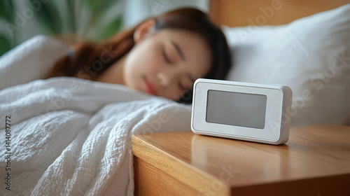 Obraz na płótnie A woman is sleeping on a bed with a clock on a wooden table next to her. The clock is white and has a black face. w salonie