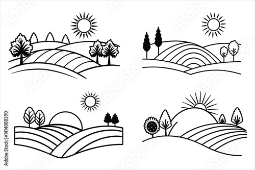 Silhouette of the sun rising over rolling spring hills with trees and flower