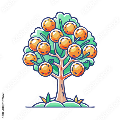 Cartoon Illustration of a Fruit Tree with Numerous Orange Fruits